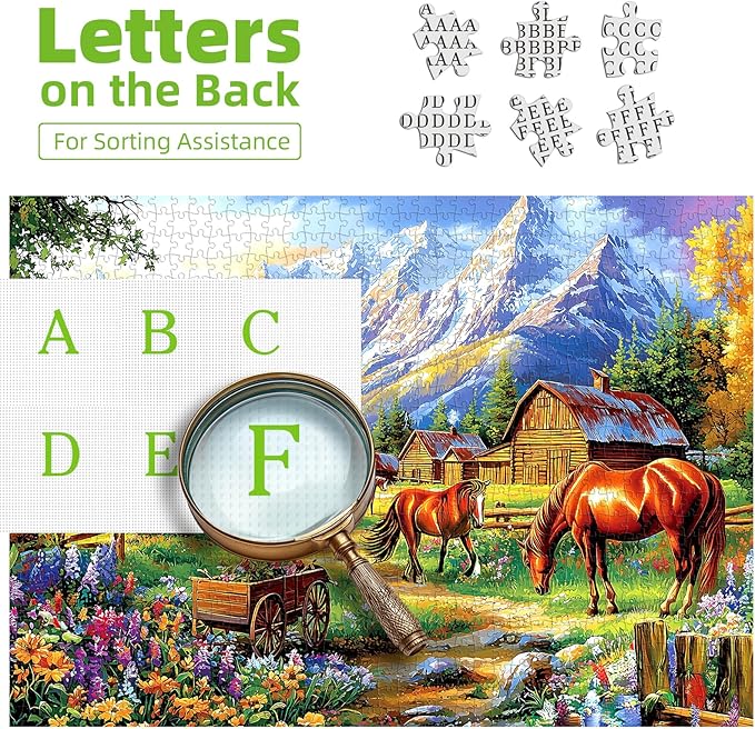 1000 Pieces Jigsaw Puzzles for Adults, Mountain Landscape Puzzles with Grazing Horses and Log Cabin for Adults and Teens Family Challenging for Game Nights (27.5 x 19.7 Inch)