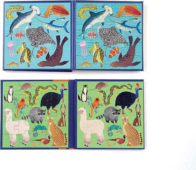 Mudpuppy Land & Sea Animals - Tri Fold Magnetic Puzzles Featuring Two 20 Piece Animal Themed Artwork