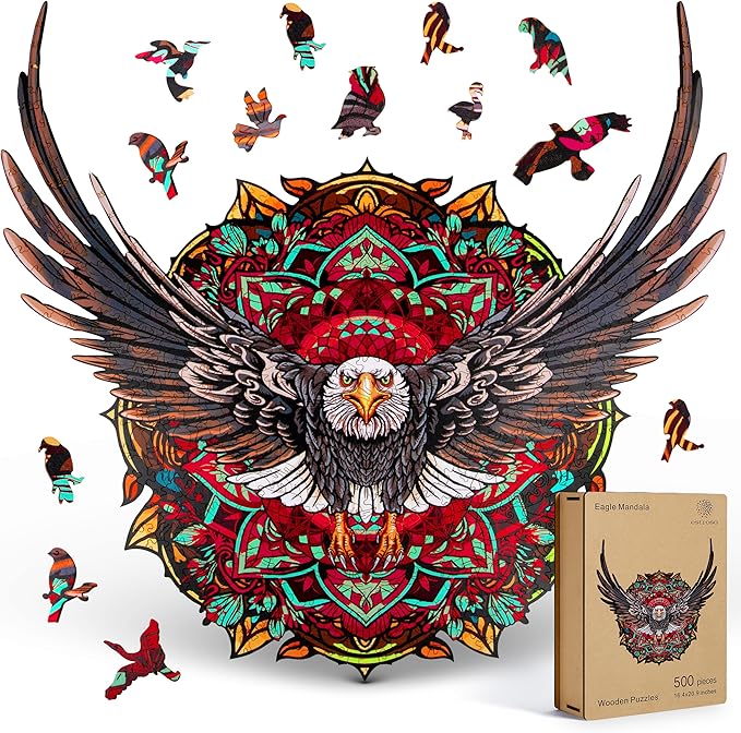 ESTROSO Wooden Puzzles for Adults - Bald Eagle Mandala 500 Piece Wooden Jigsaw Puzzle - 20.9x16.4 Inches - Giftable Wooden Box and Carrying Bag - Challenging Wooden Jigsaw Puzzles