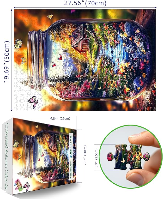 MINIWAN 1000 Piece Jigsaw Puzzle for Adults - Enchanted Mountain Jar with Log Cabin & Butterflies, 27.5x19.7 Inch Unique Art Puzzle, Challenging Hard Difficult Puzzles for Adults