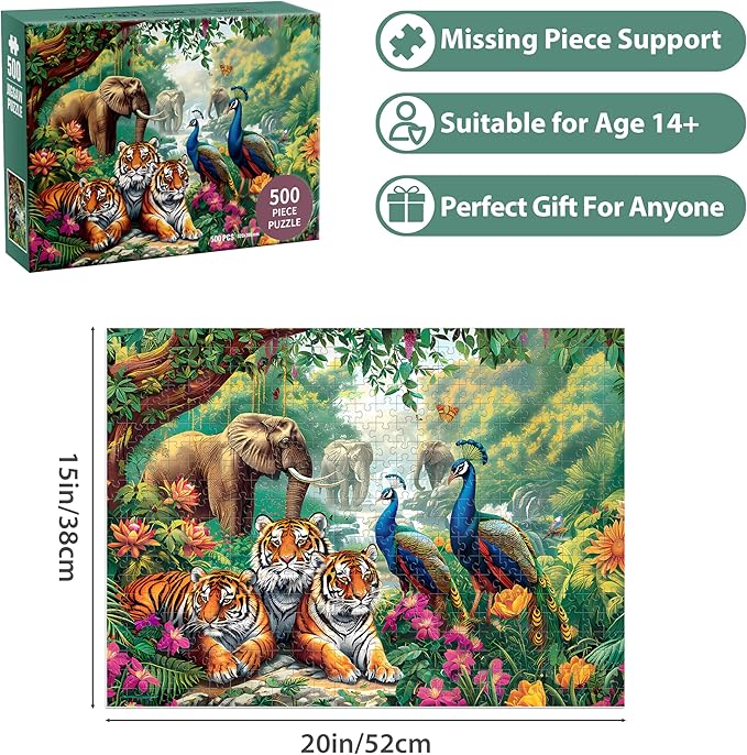 Jigsaw Puzzles for Adults 500 Pieces Puzzle Elephant Tiger Puzzle for Adults Elderly Puzzles Peacock Animal Puzzle 500, Home Decor Gift Family Game for Men Women Elders Seniors (20.5"x15")