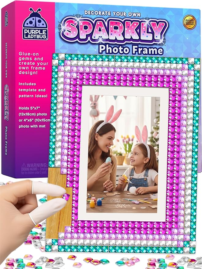 PURPLE LADYBUG Kids Picture Frame Mosaic Kit with Sparkly Gems - Fun Arts & Crafts for Girls 8-12 6-8, Great Gifts for Birthday for 6 7 8 9 10 11 12 Girls - Ideal for Sleepovers, Playdates