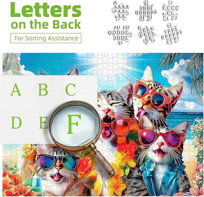 MINIWAN 500 Piece Puzzles for Adults - Cool Beach Cats Sunglasses Jigsaw Puzzle, 23x15 Inches with Unique Irregular Shaped Pieces for Relaxation & Home Wall Decor