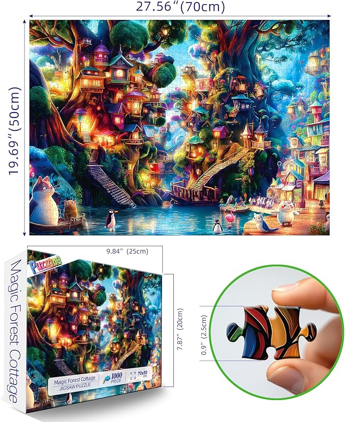 Jigsaw Puzzles 1000 Pieces Magic Forest Cottage, Fantasy Animal Puzzles for Adults with Letters on Back Challenge for Adults, Family, Decoration, Party Game, Finished Size 27.5" x 19.7"