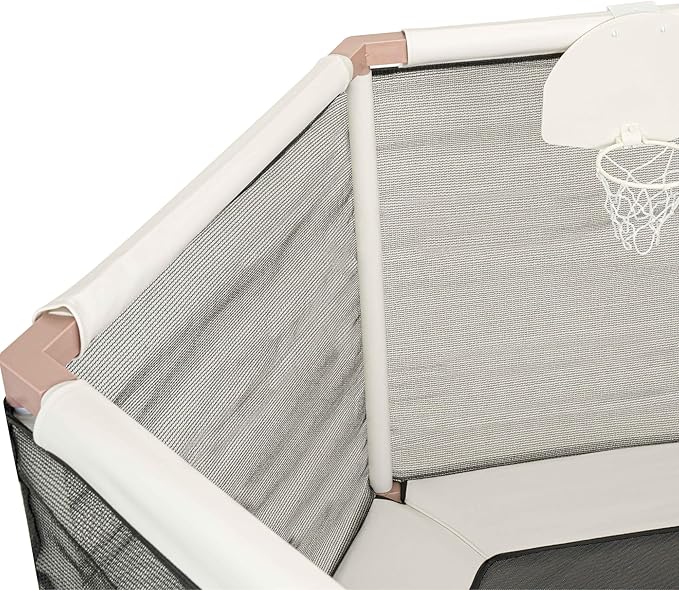 Kids Trampoline, Aesthetic Indoor and Outdoor Toddler Trampoline with Safety Net, Basketball Hoop, 220lb Capacity, Ultra Safe No-Gap Design, Gifts for Boys & Girls