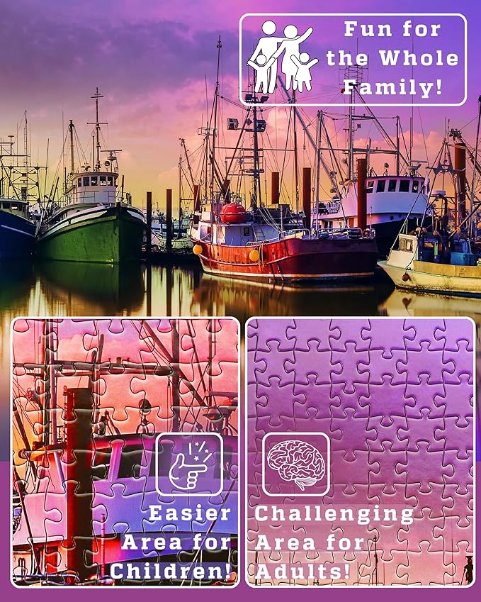 1000 Piece Puzzle for Adults - Scenic Harbor with Colorful Boats, Gift-Ready Box, Letters on Back, 8 Puzzle Saver Sheets & Full-Size Poster by GERJATO - Ideal Gift for Loved Ones