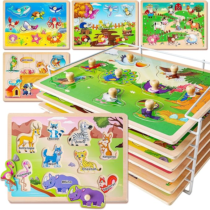 SYNARRY Wooden Puzzles for Toddlers 1-3, 6XSET Animals Puzzles for Toddlers 2-4 with Rack, Toddler Puzzles Ages 2-4, Kids Learning Educational Montessori Toys, Easter Basket Stuffers for Boys Girls