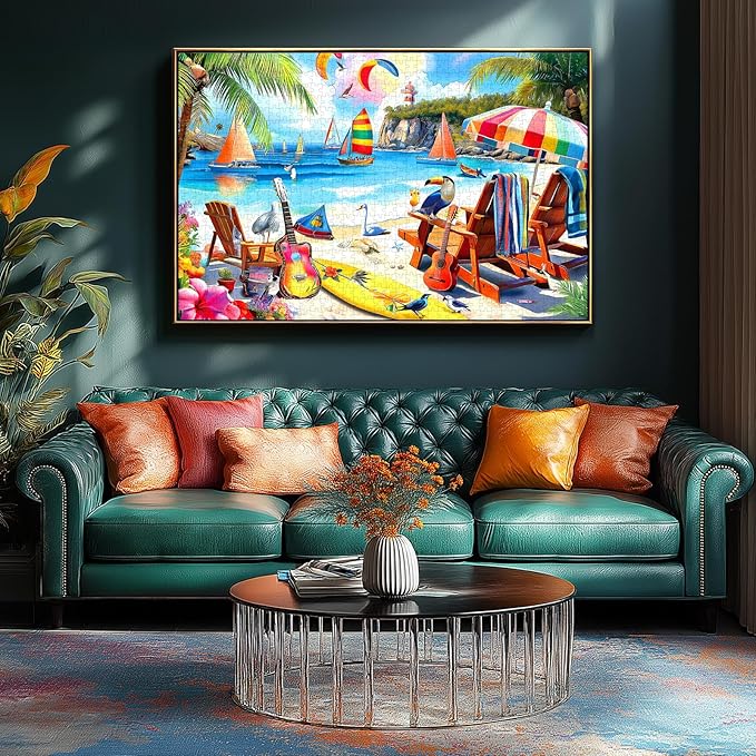 500 Piece Puzzle for Adults, Vibrant Tropical Beach Scene with Palm Trees Jigsaw Puzzle for Adults, Sun Beach Chair Sailboats Challenging Jigsaw Puzzles Game for Family & Friends (23x15 inch)