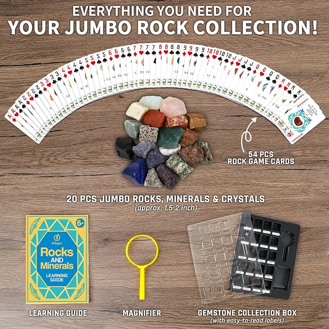 PIBEX Jumbo Rock Collection Kit - 20 Pcs Large Unpolished Rocks, Minerals & Crystals (1.5-2 inch) with 54 Game Cards, Learning Book, Collector Box & Magnifier - Educational Rock Lover Gift for Kids 6+