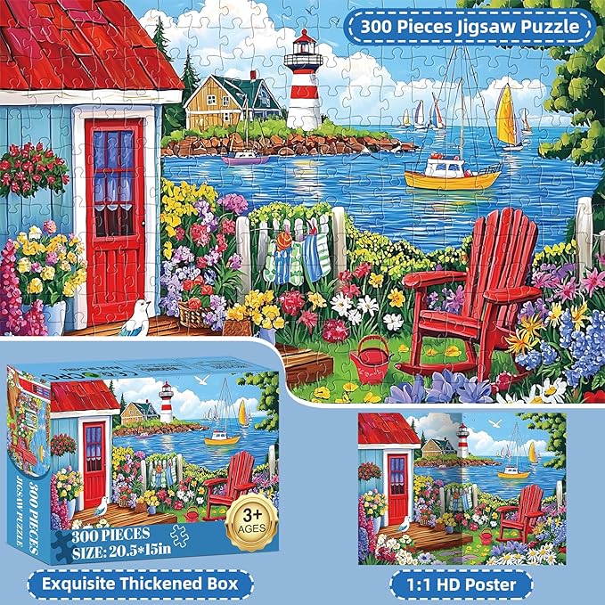 300 Pieces Puzzles for Adults,Seaside Garden House 300 Pieces Large Puzzle for Adults Seniors,Coastal Lighthouse Jigsaw Puzzle for Kids Ages 8-10,Challenging Family Games, 20.5 x 15 in