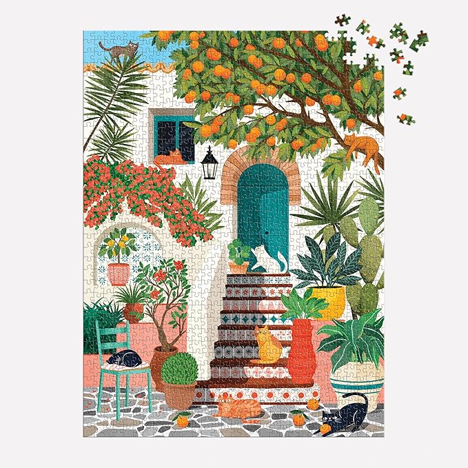 Galison Mediterranean Cats – 1000 Piece Jigsaw Puzzle Featuring Beautiful Artwork of A Citrus Inspired Stoop with Cats