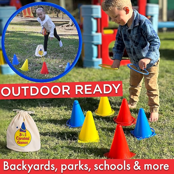 Ring Toss Game, Obstacle Course for Kids 3-5 & Birthday Party Games, Carnival Bean Bags for Tossing Gross Motor Toys for Toddlers 3-5, 12 Rings & 12 Bean Bags, 6 Cones for Kids, PE Equipment