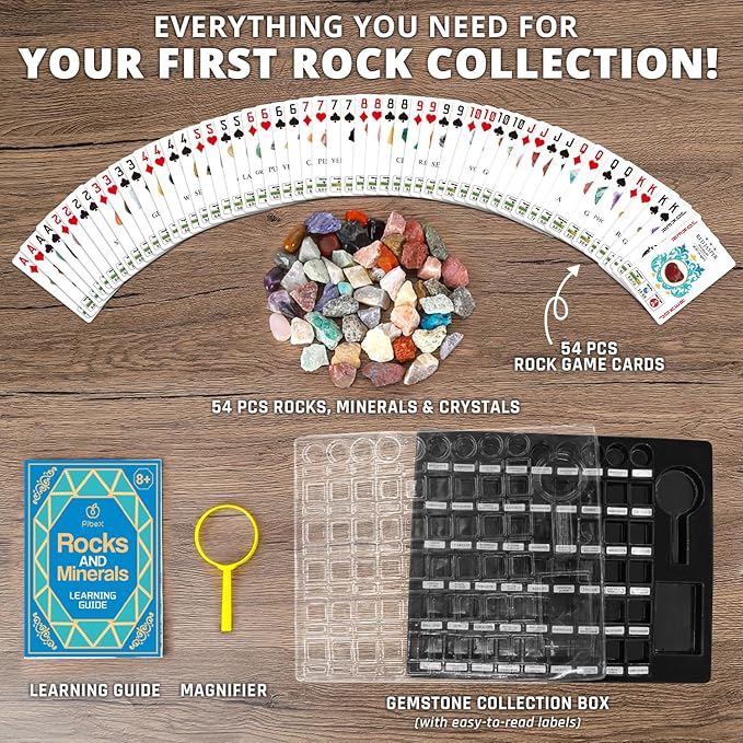 PIBEX Rock Collection Starter Kit - 54 Pcs Assorted Gemstones, Crystals, Rocks & Minerals, with Learning Book & ID Cards, Earth Science Kit Toy, A Geology Gift for Kids & Adults Ages 8+