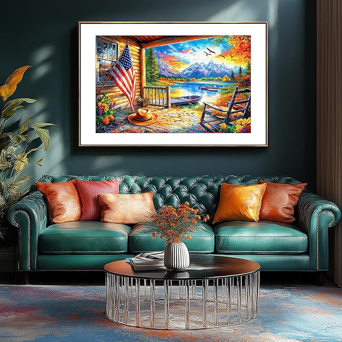 300 Piece Puzzle for Adults Beautiful Autumn Mountain Lake Scene with Lakeside Cabin, Natural Landscape & Sunset Cabin Porch View Jigsaw Puzzle for Adults & Seniors Relaxing Puzzles for Home Decor