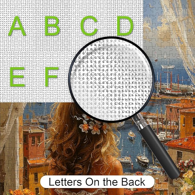 Mediterranean Coastal View Jigsaw Puzzle for Adults 1000 Pieces - Dreamy Vacation Scene with Woman & Terracotta Town, 28”x20” Panoramic, Lettered Back, Premium Home Decor & Travel Gift