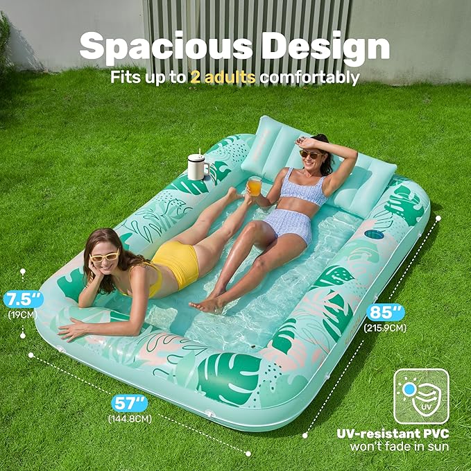 SLOOSH Inflatable Tanning Pool Lounger Float, 85" x 57" Pool Floats Adult with Pillow, 4 in 1 Suntan Tub Raft Floatie,Sunbathing Bed Lounge for Water Blow Up Ball Pit Party Gifts, L-Aqua Blue