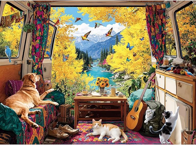 300 Piece Puzzles for Adults Large Piece, Fall Van Dog Cats Birds Nature Jigsaw Puzzle, Funny Gift for Adult Kids, Challenging Puzzle Perfect for Game Nights, 20.5 X 15 in