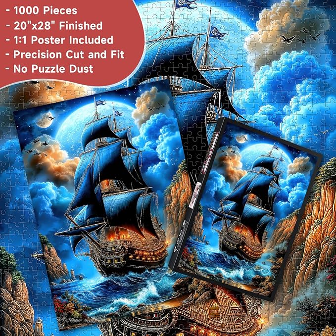 Moonlit Galleon 1000 Piece Puzzle for Adults - Fantasy Nautical Art, Mystical Coastal Scene, Poster & Lettered Back, 20"x28" HD, Gift for Adventure & Nature Lovers