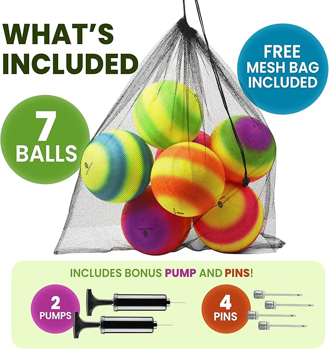 Pack of 7 with 2 Pumps & 4 Pins, Bouncy Balls for Kids –Dodgeball Set 8.5 Inch Playground Balls – Colored Official Size for Dodge Balls, Kickball, Handball, Camps and Schools