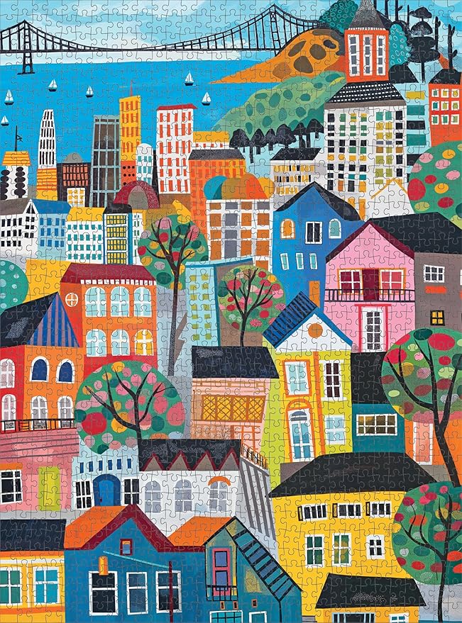 Cross & Glory - Bay Breeze & Bright Lights - 1000 Piece Jigsaw Puzzle for Adults | Vibrant San Francisco Folk Art Puzzle | Unique Puzzle Challenge for Art Lovers