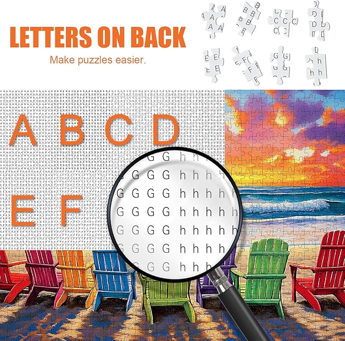 Beach Puzzles for Adults 1000 Pieces - Colorful Puzzles Beach Lounge Chair Scene, Summer Jigsaw Puzzle with Letters on Back, Challenging Hard Difficult Sunset Landscape Puzzle as Home Coast Art Decor