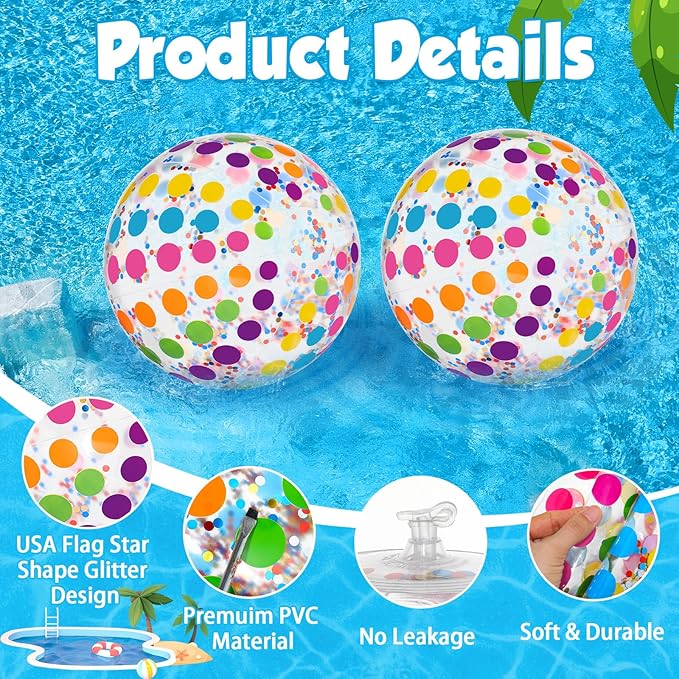 12 Pack Sequins Beach Balls 16" Colorful Polka Dot Pool Balls Inflatable PVC Clear Summer Jumbo Sport Ball Adults Summer Hawaiian Beach Swimming Pool Accessories Outdoor Water Games Party Favor