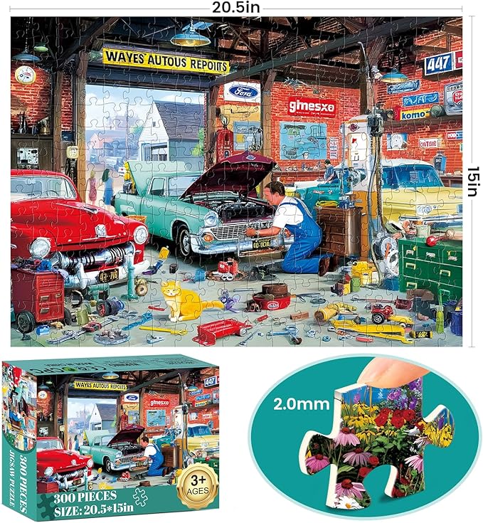 300 Piece Puzzles for Adult,Cute Cat Cool Car Puzzle for Kids Adult Seniors,Unique Auto Repair Shop Jigsaw Puzzle for Kids Ages 8-10 10-12,Challenging Family Game Gift for Friends Men Women,20.5*15 In