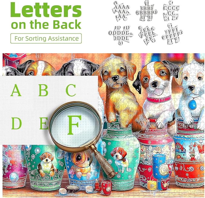 MINIWAN 300 Piece Jigsaw Puzzles for Adults - Cute Puppies in Colorful Vases Design, 17x11 Inches Medium Difficulty Puzzle for Relaxation & Home Decor