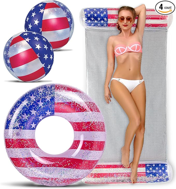 POZA Inflatable USA Pool Float - Luxurious Fun Lounger Filled with Sparkle Silver Stars Confetti, Cool USA Flag Design Water Swimming Pool Floaties for Beach, Lake & Pool