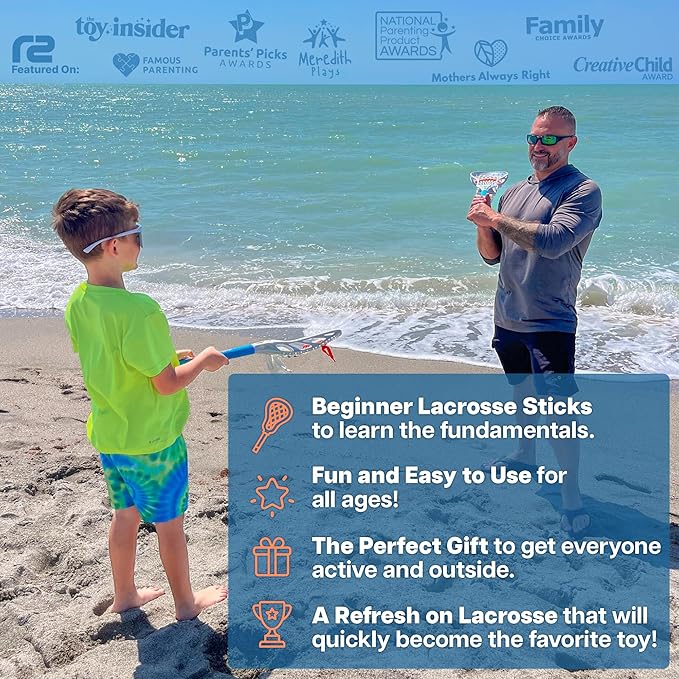 Mini Toss Lacrosse Set – The Ultimate Game for the Pool or Beach & Backyard - Comes with Water Skipping Ball, Rubber Ball & 2 Sticks with Premium Full Size Basket for Easier Catching and Throwing