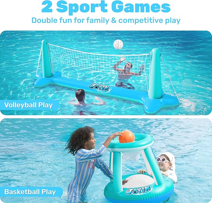 JOYIN Inflatable Pool Float Set Volleyball Net & Basketball Hoops, Floating Swimming Game Toy for Kids and Adults, Summer Floaties, Volleyball Court (105”x28”x35”)|Basketball (27”x23”x27”),L-Blue