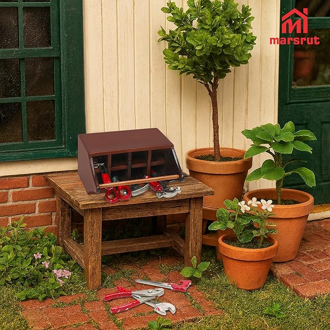 Miniature Tool Box Dollhouse 1/12 Scale Kit Set, 8Pcs Metal Working Tools with Mini Wood Toolbox, Doll Garage Accessories, Tiny Model for House Building, Garden Outdoor Repair, Rustic Farm Crafts