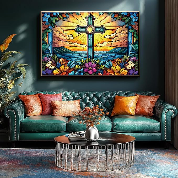 MINIWAN Stained Glass Floral Christian Cross Puzzles for Adults 1000 Pieces, Colorful Sunburst Ocean Cross Jigsaw Puzzle, Religious Gift for Christian Believers Easter Gifts 27.5x19.7 Inch