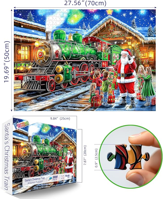 Christmas 1000 Piece Puzzle for Adults, Christmas Train Jigsaw Puzzle Santa & Vintage Train Scene Adults and Teens Family Challenging Perfect for Game Nights (27.5x19.7 in)