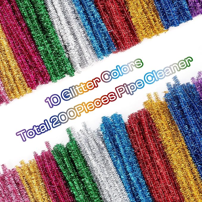Caydo 200 Pieces Glitter Pipe Cleaners Craft for Kids Creative Art and Craft Project Making, Multicolor Sparkly Chenille Stems for Beaded Jewelry and Easter Decorations