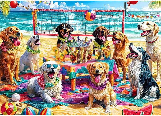 Puzzles for Adults 1000 Pieces, Dog Jigsaw Puzzles 1000 Pieces - Doggo Beach Bash, Party Decor Impossible Puzzle, Finished Size 27.56 * 19.69", with 1:1 Poster, Letter on The Back
