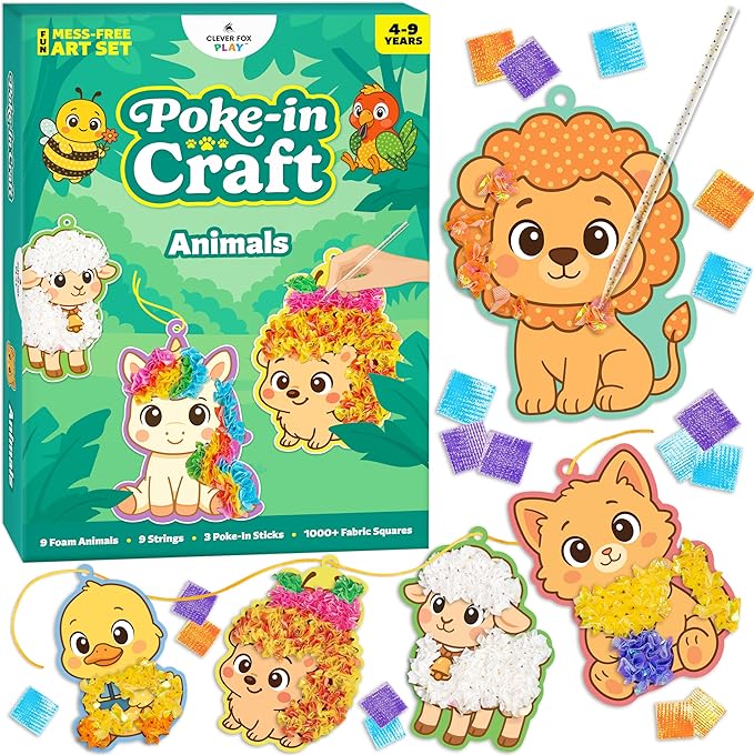 Poke-In Craft Animals Kit for Kids Ages 4-9 – Mess-Free Poke It Art Set with 9 Foam Animals & 1000+ Fabric Squares for Girls, Boys & Toddlers –Chidrens Punch Craft & Tufting Kit for 4 Year Old+