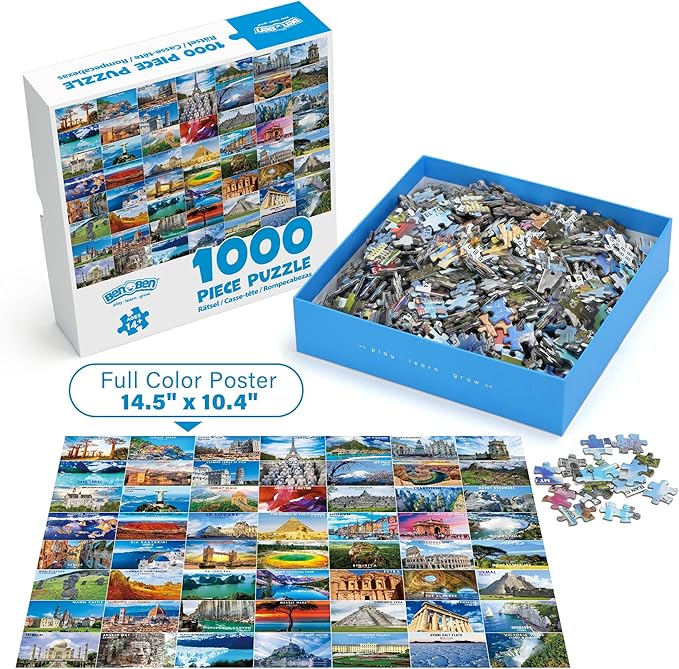 BenBen 1000 Piece Puzzle for Adults, 4 Pack Jigsaw Puzzles with Letters or Patterns on Back, World Landscape, USA Landmarks, Dogs' Dinner Party, Jungle Parrots
