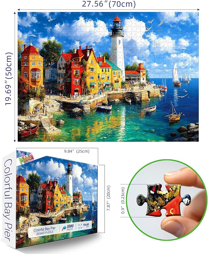 Colorful Coastal Lighthouse 1000 Piece Puzzle for Adults, Fun Puzzles for Adults 1000 Pieces with HD Print & Poster, 27.5 * 19.7 in Dust Free, for Gifts Halloween Christmas Family Games Lovers