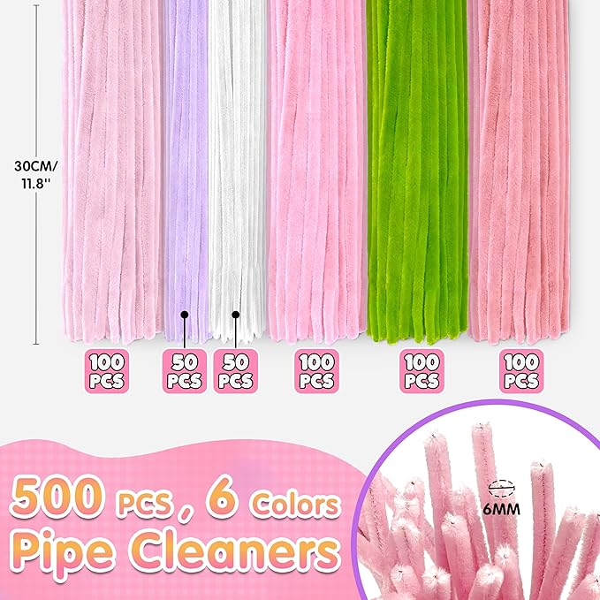 LINAYE 500 PCS Pipe Cleaners Craft, 6 Colors Pipe Cleaners Flowers Kit, Chenille Stems for Crafts with Instruction Wrapping Paper, Flower Stamens, Stems Art and Craft Supplies Pink (12inch x 6mm)