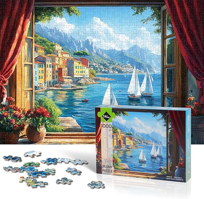 Puzzles for Adults 1000 Pieces, Italy Ocean Coast Seaside Village Window View, 1000 Piece Puzzle for Adults Seniors, Jigsaw Puzzles with Letters on Back,Fun Gifts Decor 1:1 Poster