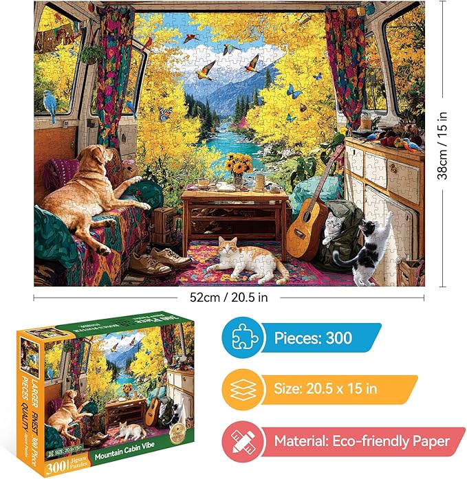 300 Piece Puzzles for Adults Large Piece, Fall Van Dog Cats Birds Nature Jigsaw Puzzle, Funny Gift for Adult Kids, Challenging Puzzle Perfect for Game Nights, 20.5 X 15 in