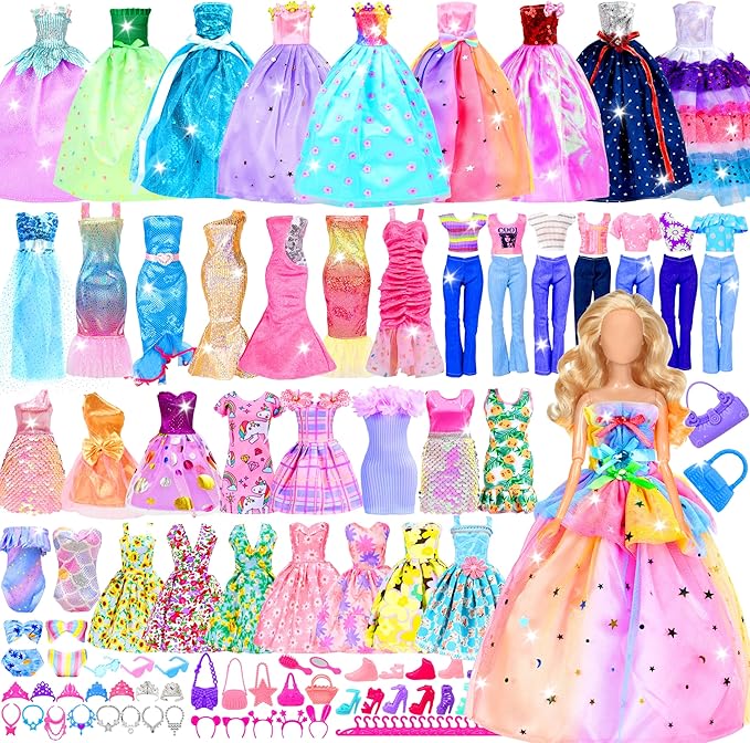 82 Pack Doll Clothes and Accessories - 2 Princess Dresses 1 Evening Dresses 5 Fashion Dresses 2 Tops 2 Pants 2 Bikini Swimsuits 20 Shoes 48 Accessories Size Suit for 11.5" Dolls for Ages 6 7 8 9 10