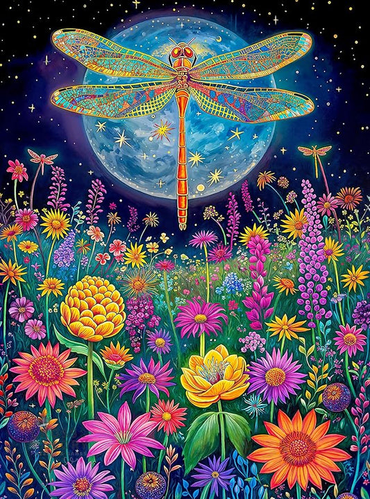 Cross & Glory - 1000 Piece Jigsaw Puzzle for Adults | Lunar Symphony: The Dragonfly’s Tale | Best New Enchanted Nature Puzzle | Vibrant Nighttime Artwork| 20x27 Inches | Flower Puzzle