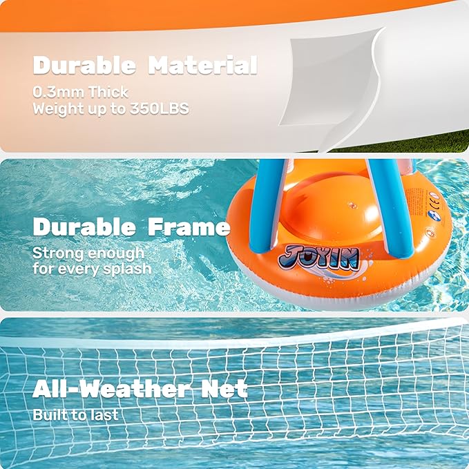JOYIN XL Inflatable Pool Float Set, 125'' Volleyball Net & Basketball Hoops, Extra Large Floating Swimming Game Toy for Kids and Adults, Summer Floaties, Volleyball Court|Basketball, XL-Orange