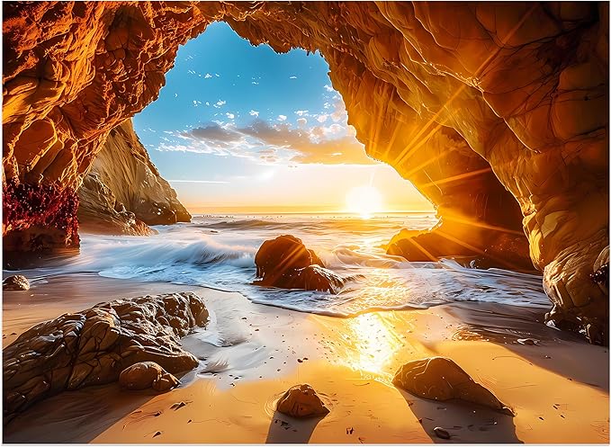 500 Pieces Puzzles for Adults Jigsaw Puzzle Beach Sea Cave Sunset Puzzle for Elderly, Recycled Paper Puzzle 500 Pieces, Art DIY Challenging Puzzle Family Game Gift for Friends, 20.5 x 15 in