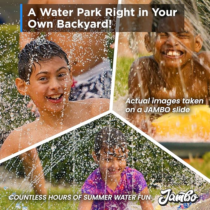 Jambo 16ft Premium Slip Splash and Slide, Three- Way Sprinkler System with 3 Body Boards, Water Slide with Advanced Sprinklers System | Backyard Waterslide Outdoor Water Toys Slides for Kids