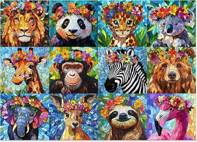 1000 Piece Puzzles for Adults - Colorful Mosaic Wildlife Jigsaw Puzzle, Jungle Animals with Flowers Design Perfect for Family Game Nights