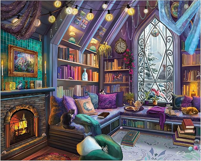 White Mountain 1000 Piece Jigsaw Puzzle Cozy Library Corner Puzzles with Large Pieces for Adults and Family 24"x30" - Book Nook