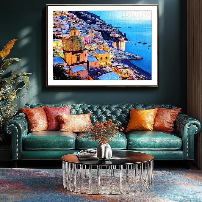 MINIWAN 500 Piece Puzzles for Adults - Positano Coastal Town Night View Jigsaw Puzzle, 23x15 Inches with Unique Irregular Shaped Pieces for Relaxation & Home Wall Decor